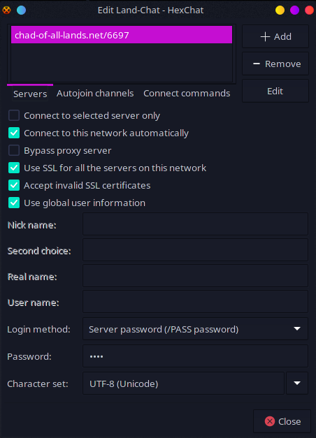 HexChat network edit menu