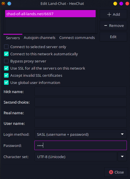 HexChat SASL in network edit menu